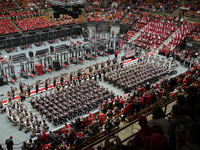 An overhead view of St. John Arena during a pre-game Skull Session