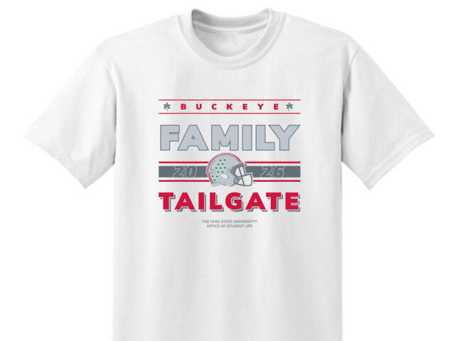 A white shirt with scarlet and gray text and helmet with Buckeye leaves