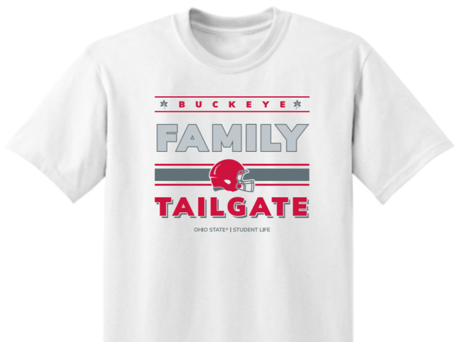 A white shirt design for Buckeye Family Tailgate 2026 with a white helmet and stripes